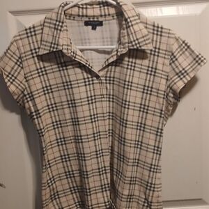 Burberry Beige and Black Plaid Button Down Shirt